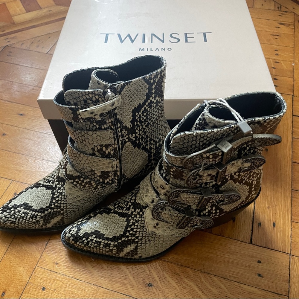 Twinset Milano Snakeskin with Side Buckles Ankle Boots